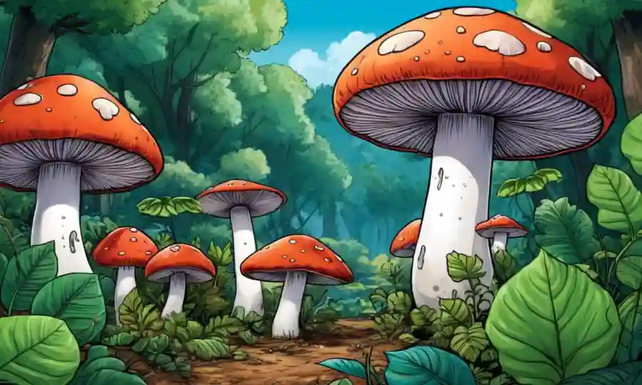 Setas creciendo en medio de diversos ecosistemas, rodeados de hojas y exuberante vegetación.