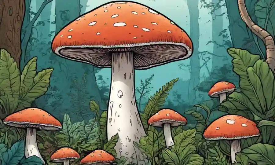 Un hongo de hongos rodeado de plantas sanas y un ecosistema natural, con un toque sutil de elementos científicos.