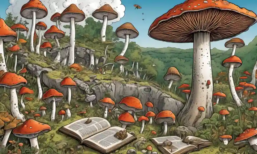 Setas históricas ilustraciones esparcidas a través de textos antiguos, humanos antiguos aprendiendo de errores, y gente moderna observando hongos.