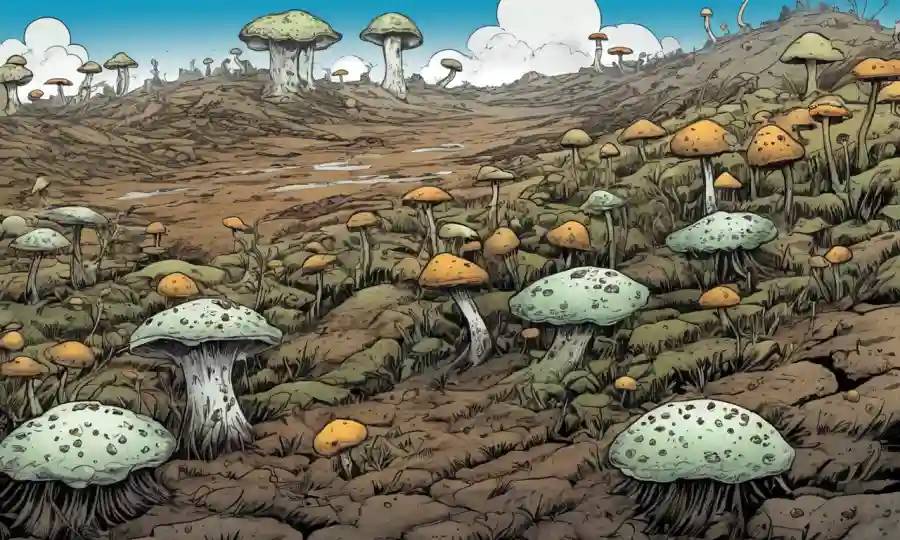 Mycoremediation: esporas fúngicas que brotan de un paisaje contaminado.