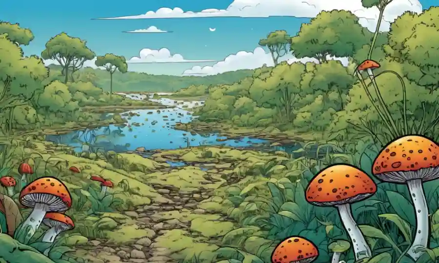 Espadas que crecen entre la vida vegetal diversa en un ecosistema restaurado con un fondo de reserva natural.