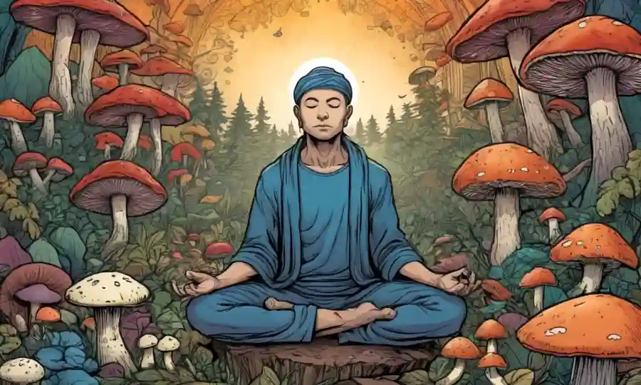 Persona meditando con diversas texturas de hongos y colores que rodean.