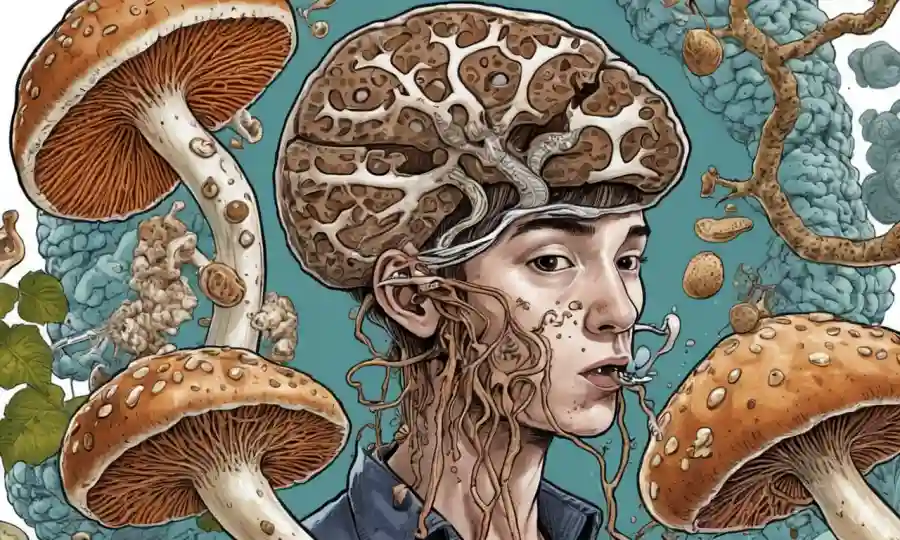 Una persona que come hongos shiitake rodeado de cálices de ADN y escaneos cerebrales.