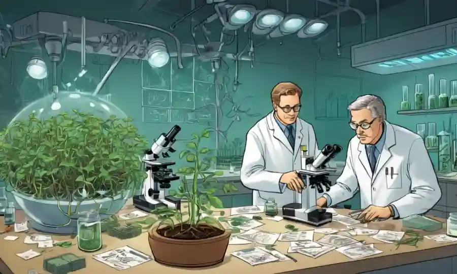 Dos científicos inspeccionan las raíces de las plantas en un laboratorio, rodeados de diapositivas y notas de microscopio sobre categorización.