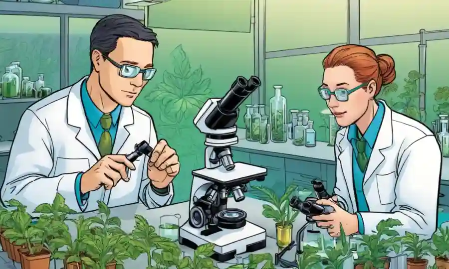 Científicos analizando muestras de plantas bajo microscopios en un entorno de laboratorio.