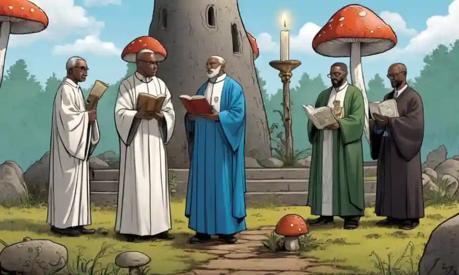 Grupo de clérigos con textos sagrados cerca de un altar basado en hongos.