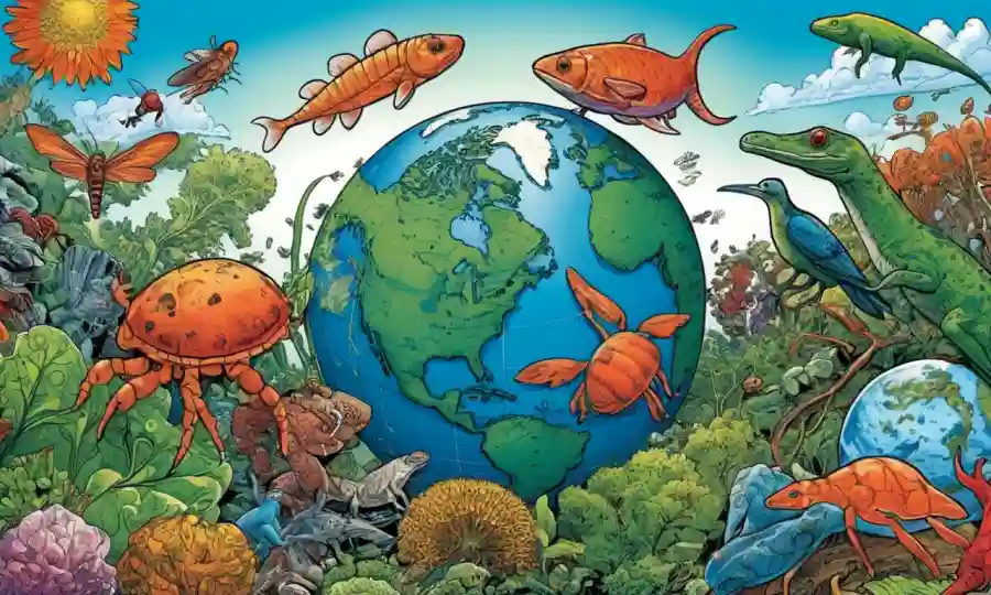 Ilustraciones de organismos vivos interconectados en armonía con la naturaleza y la Tierra.