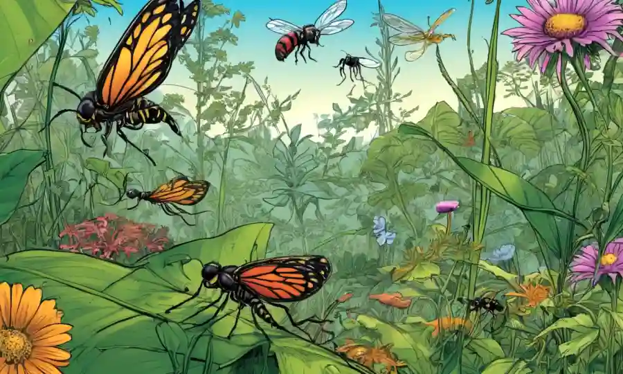 Una relación simbiótica entre planta e insecto, ambientada en un entorno ecosistémico diverso.
