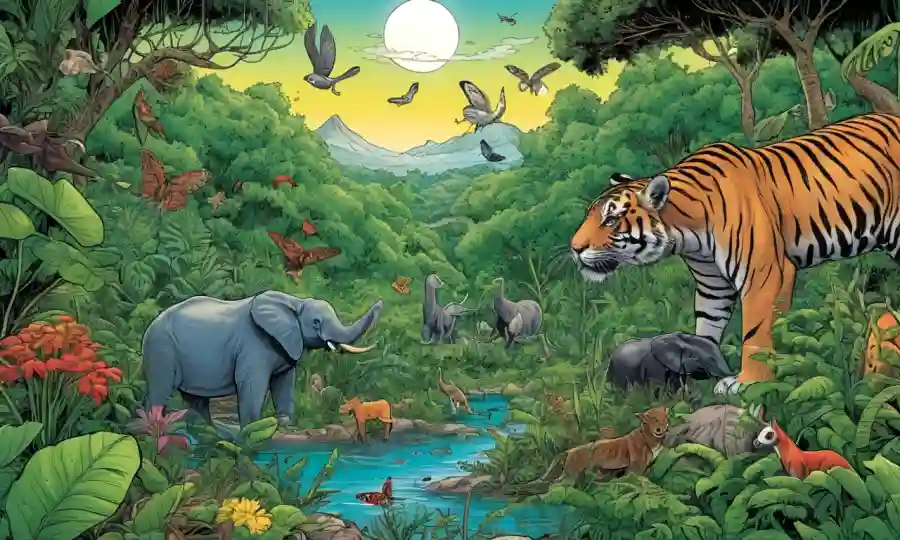 Ilustraciones de varias especies vegetales y animales que prosperan en medio de vegetación exuberante, enfatizando las relaciones simbióticas para la salud de los ecosistemas.