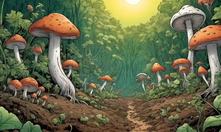 Fungi transforming organic matter into nutrient-rich soil surrounded by plant growth.