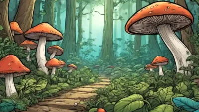 Un ecosistema forestal con crecimiento de hongos y vegetación.