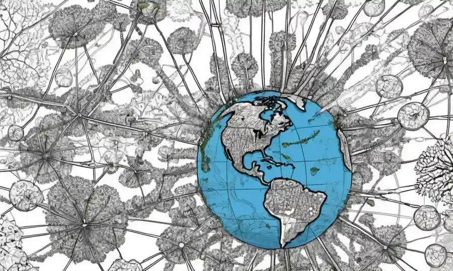 Una red de hifae fúngica ilustrada entre gráficos e iconos que muestran la conexión entre hongos y cambio climático.