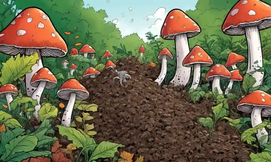 Los hongos descomponen la materia orgánica en una pila de compost con ambiente ecológico.