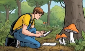 Persona que recoge hongos en la naturaleza