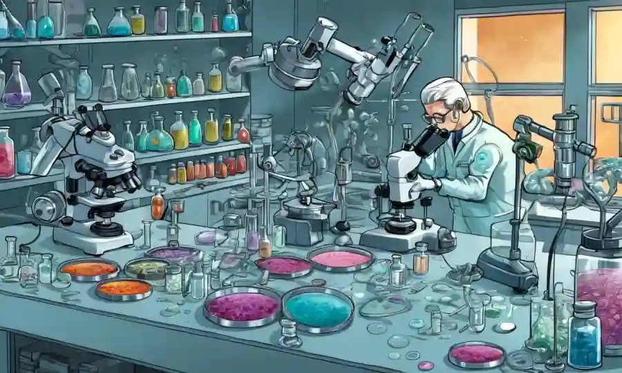 Establecimiento de laboratorio con microscopios y platos petri que contienen diversas culturas fúngicas.
