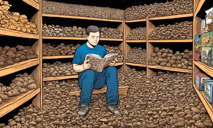 Persona sentada en medio de estantes de setas secas, leyendo un libro sobre métodos de conservación fúngica.