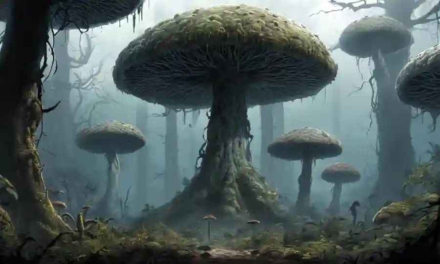 Ecosistemas dominados por hongos como bosques con árboles de hongos y niebla.