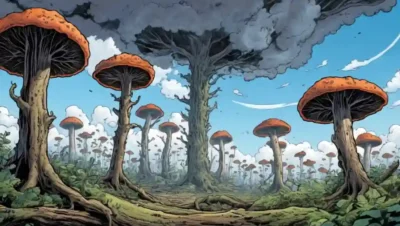 El crecimiento de hongos hongos esparce a través de troncos de árboles