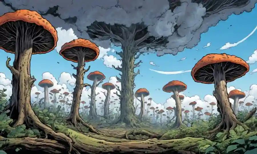 El crecimiento de hongos hongos esparce a través de troncos de árboles