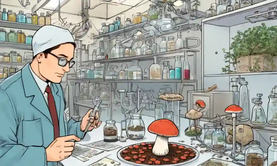 Una persona que examina una cultura de hongos, rodeada de equipos de laboratorio y notas.