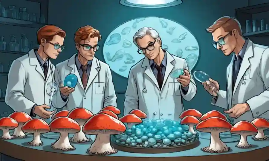 Un grupo de científicos de pie cerca de hongos