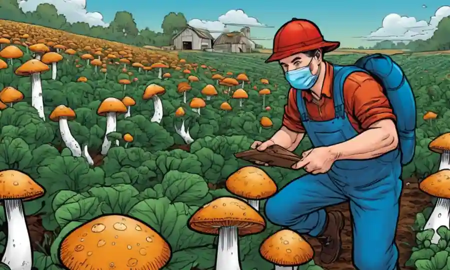 Farmer inspecting hongos cultivos en un ambiente limpio con precauciones de seguridad.