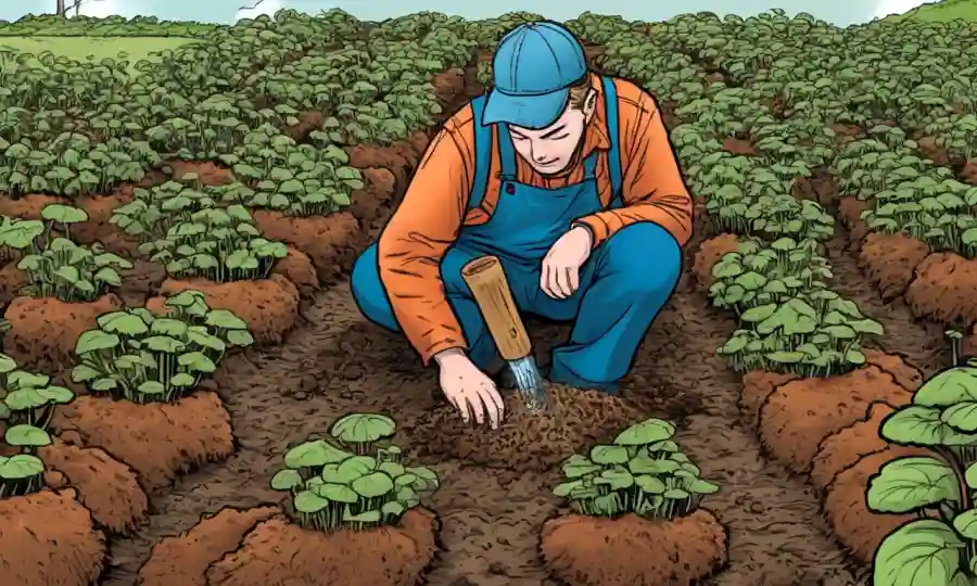 Persona que examina la calidad del suelo para el cultivo de hongos.