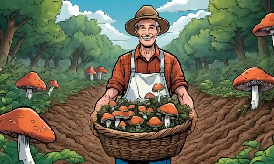 Farmer holding una canasta de hongos rodeado de suelo limpio y vegetación