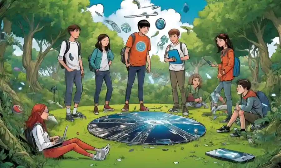 Jóvenes rodeados de elementos de naturaleza interconectados y símbolos tecnológicos.