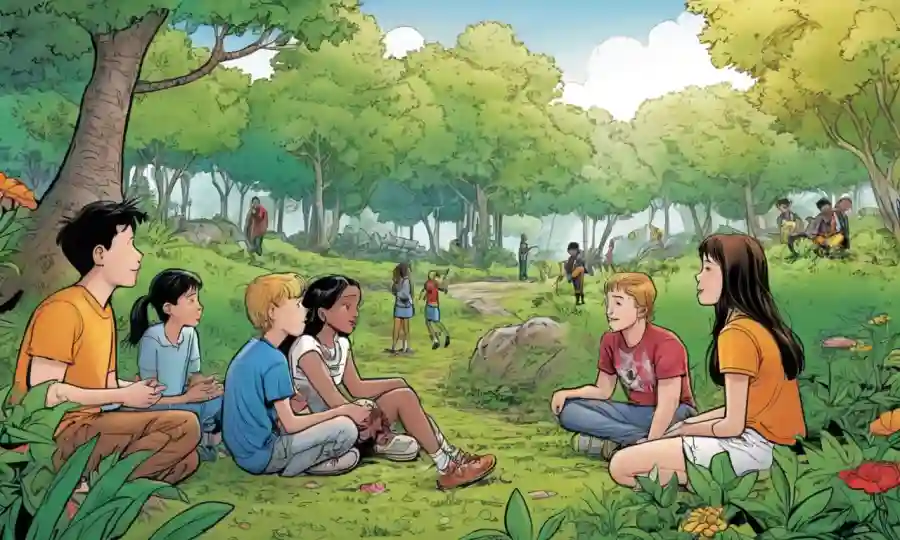 Los jóvenes interactúan pacíficamente entre símbolos similares a la naturaleza en armonía.