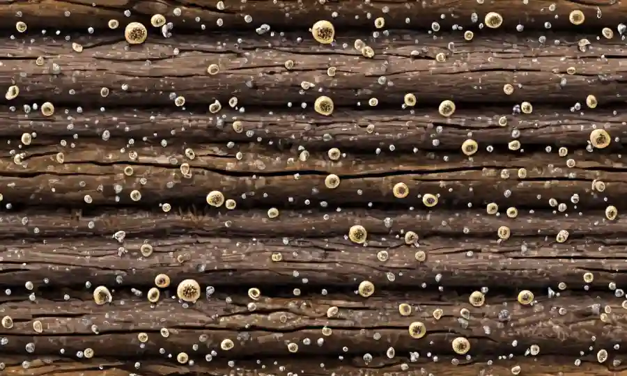 Fungi creciendo en troncos de madera o granos, con pequeñas burbujas y estructuras similares a la levadura visibles.