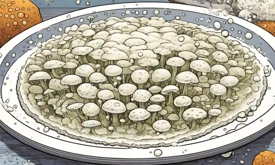 Fungi creciendo en una bandeja o placa, con proceso de fermentación mostrado visualmente como burbujas o espuma.