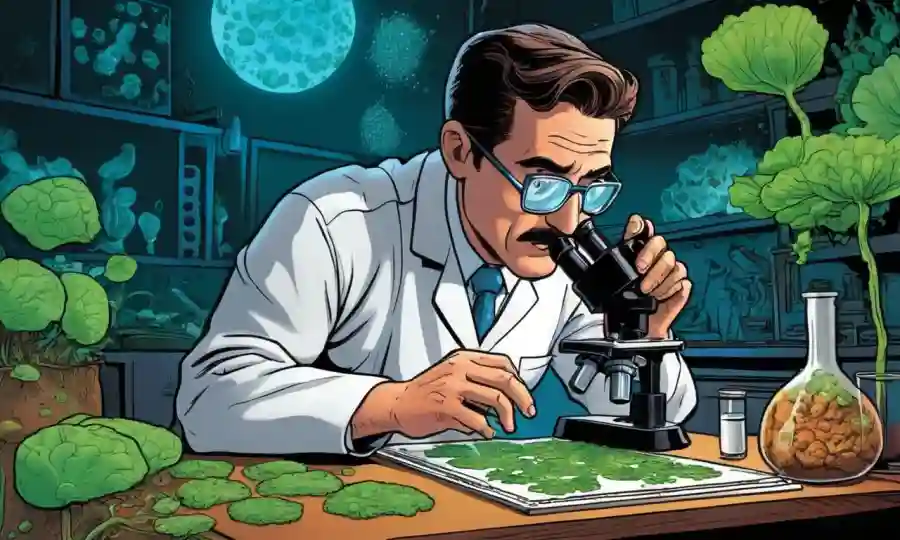 Científico estudiando hongos y fotosíntesis con muestras de microscopio ligero.