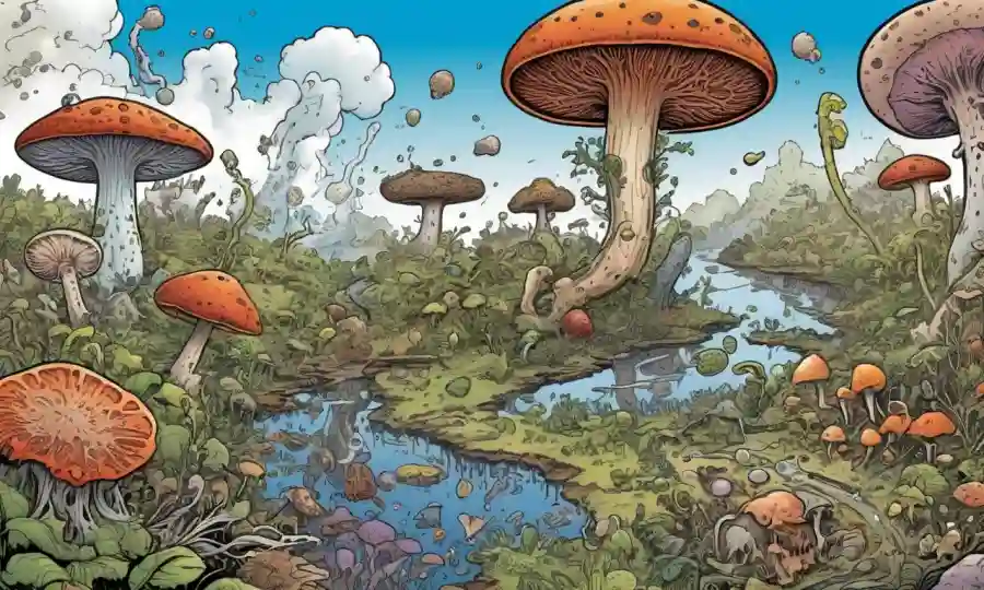Una ilustración que representa varios microorganismos y factores ambientales que influyen en los procesos de descomposición de hongos.
