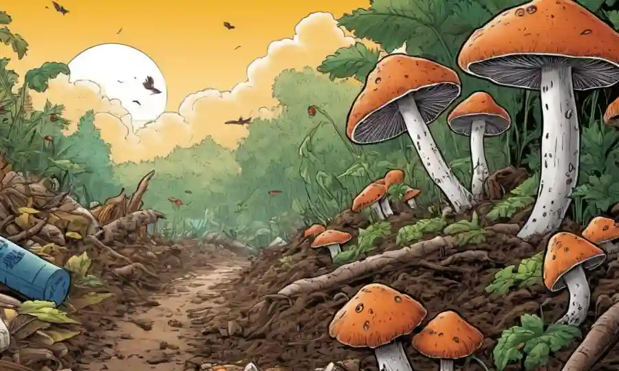 Fungi creciendo en residuos orgánicos con artículos reciclables en el fondo.