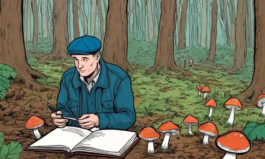 Alguien coleccionando hongos en el bosque, grabando notas y datos en su cuaderno.
