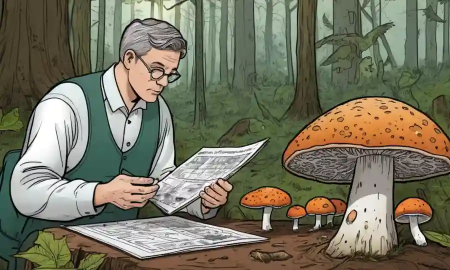 Un micólogo que examina hongos en un bosque, acompañado de diagramas y gráficos.