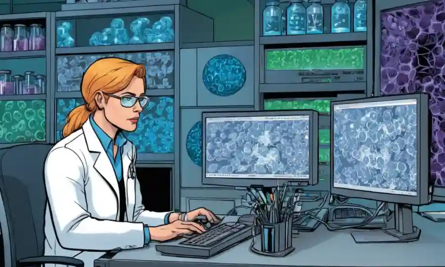 Microbiólogo en un laboratorio analizando secuencias de ADN en computadoras.