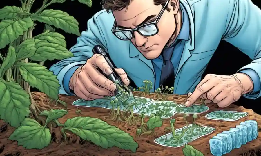 Un microbiólogo que examina una diapositiva de microscopio con diversas estructuras fúngicas en la superficie de las raíces vegetales.