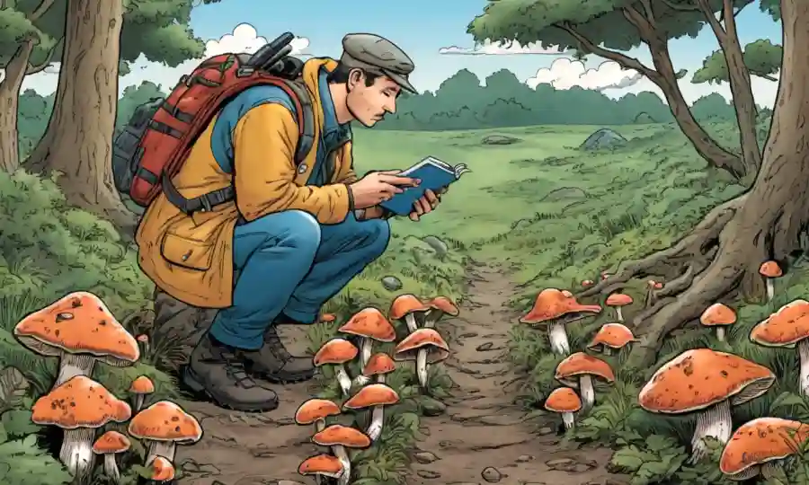 Persona examinando tipos de hongos en un ambiente al aire libre.