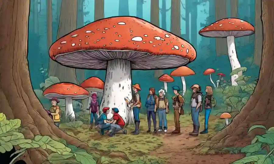 Un grupo de personas rodeadas de hongos en un bosque, con relés de texto educativo.