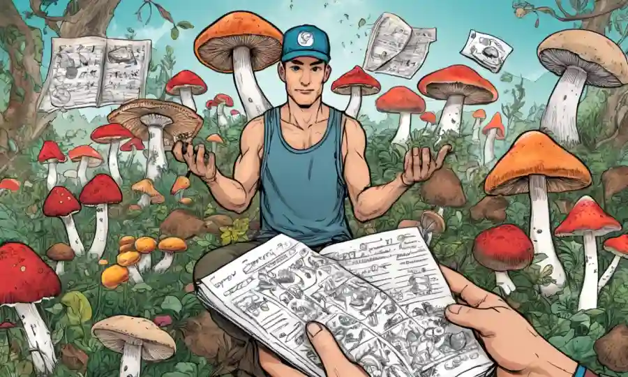 Persona conteniendo varios hongos con notas e ilustraciones en el fondo.