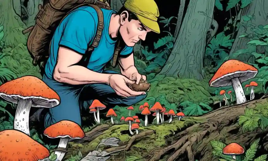 Persona examina cuidadosamente un hongo, rodeado de ilustraciones de especies venenosas y comestibles.