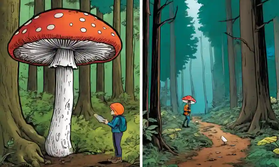 Persona examinando un hongo en el bosque junto con una comparación de pantalla dividida de especies comestibles vs venenosas.
