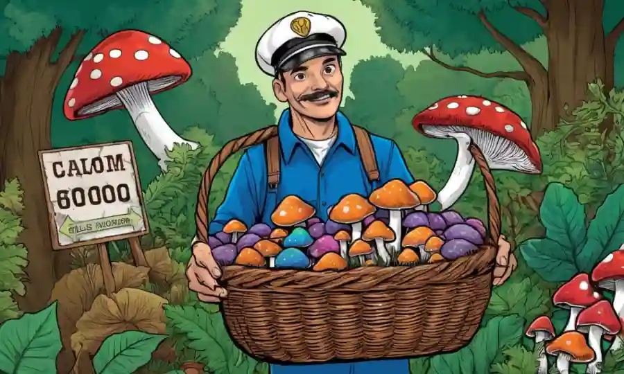 Un experto en hongos que sostiene una cesta de hongos de varios colores, con un fondo de follaje y señales de precaución.
