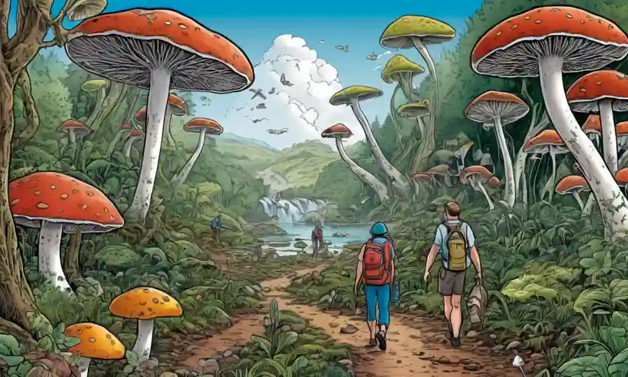 Una imagen combinada que muestra a los turistas en el ecosistema rico en hongos y superposiciones de texto destacando preocupaciones ecológicas.