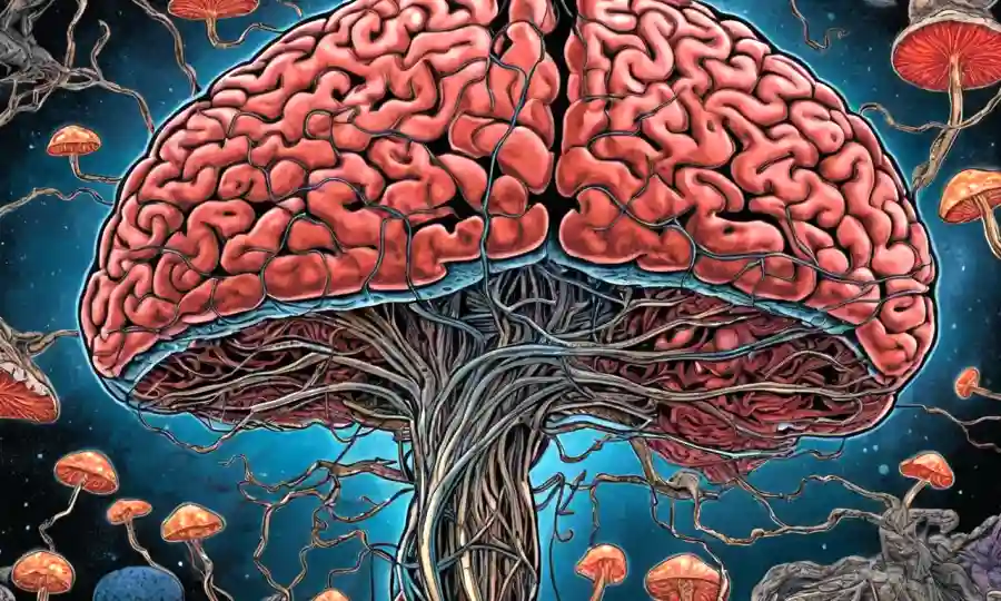 Una ilustración cerebral humana destacando las conexiones neuronales afectadas por el consumo de hongos para mejorar la salud mental.