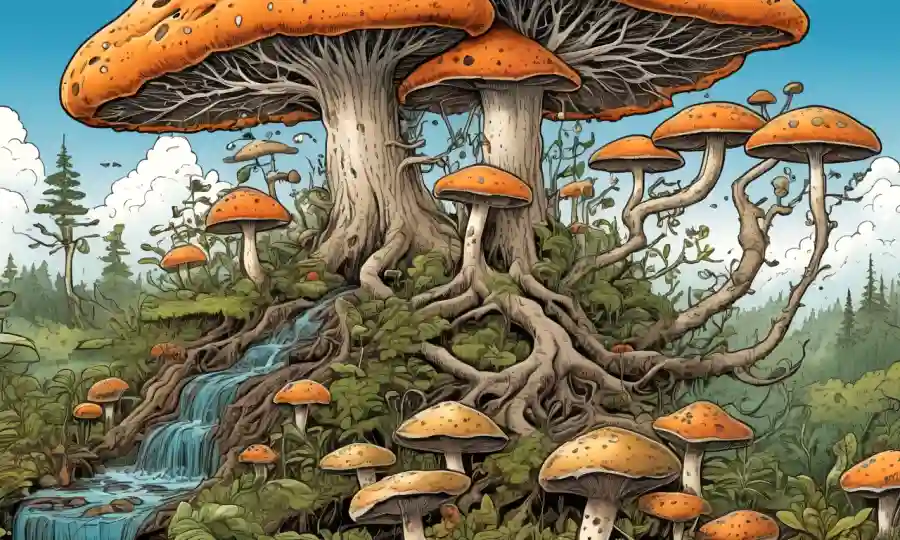 Las ilustraciones de hongos conectadas a un diagrama ecosistémico que ilustra el ciclismo de nutrientes.