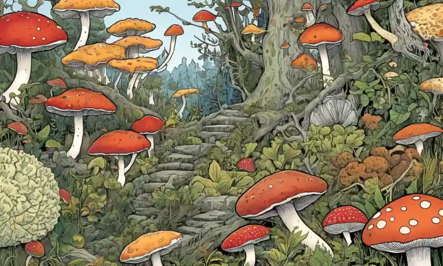 Una ilustración visualmente atractiva que representa las relaciones intrincadas entre hongos y plantas, destacando el papel de los hongos en la configuración de la cadena alimentaria.