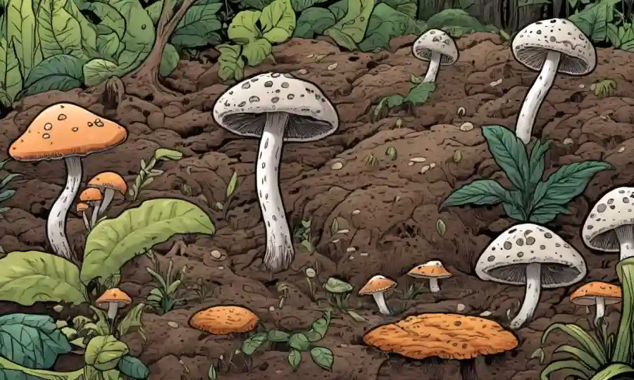 Cierre del suelo cubierto de hongos, rodeado de plantas, enfatizando la interconexión del ecosistema.